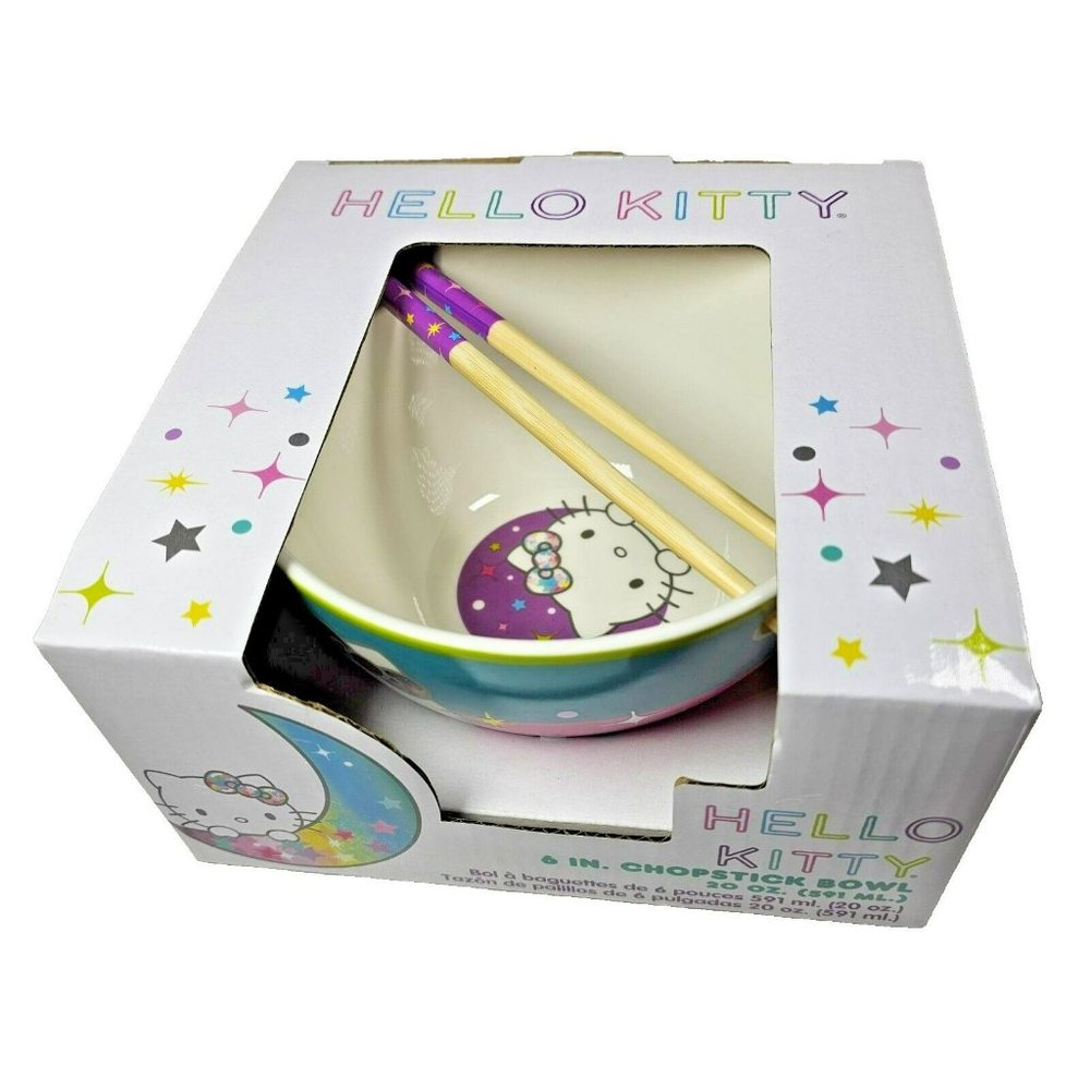 Hello Kitty 6" Ramen Noodle Soup Bowl Set w/ Chopsticks NEW 2023 Colorful Heart